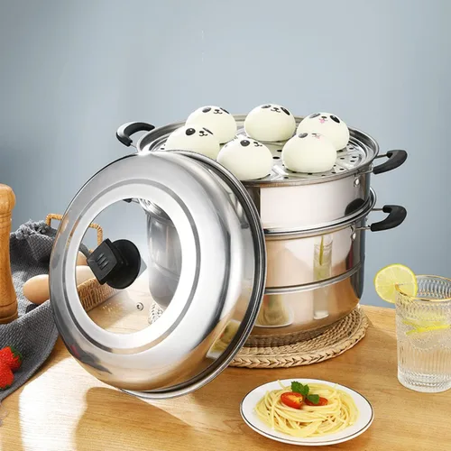 Miniatura 6 de Ollas de vapor de 11.8 pulgadas con 3 forros de vapor y agarrador de cocina, olla de vapor de acero inoxidable de 3 niveles con tapa para cocinar