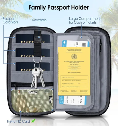 Miniatura 4 de BKNOOU Soporte para pasaporte familiar, organizador de documentos de viaje con correa cruzada para muñeca, cartera impermeable para pasaporte