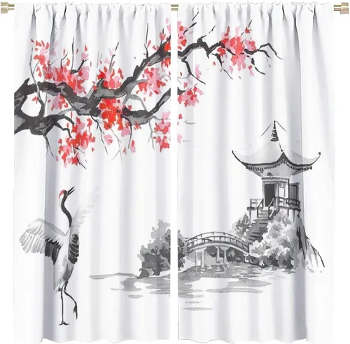 Miniatura 26 de Cortina japonesa con diseño de cerezo en flor, montañas, río, nubes, pinos, paisaje, naturaleza, asiático, anime, oscurecimiento de habitación
