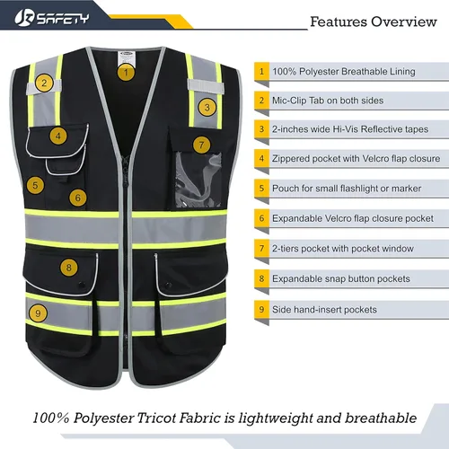 Miniatura 3 de JKSafety Chaleco de seguridad de alta visibilidad con cremallera frontal, 9 bolsillos, color negro, tiras amarillas fluorescentes que delinean