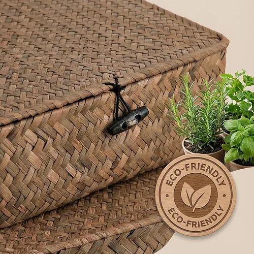 Miniatura 5 de Elsjoy Paquete de 2 cubos de almacenamiento planos de mimbre tejido con tapa y palanca de madera, juego de cestas de hierba marina naturales hechas