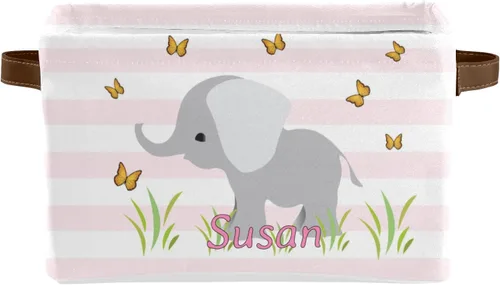 Miniatura 9 de Canasta de almacenamiento personalizada de elefante verde azulado con nombre, caja de almacenamiento grande con asas para el hogar, oficina