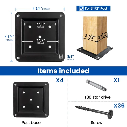 Miniatura 2 de Muzata Paquete de 4 conectores de placa de poste de madera de 3.5 x 3.5 pulgadas, placa base de poste de cubierta, valla de madera, barandilla