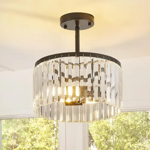 Moderna lámpara de techo de cristal semiempotrada negra de 12" para comedor, candelabro pequeño de lujo glamoroso de 2 luces para dormitorio,