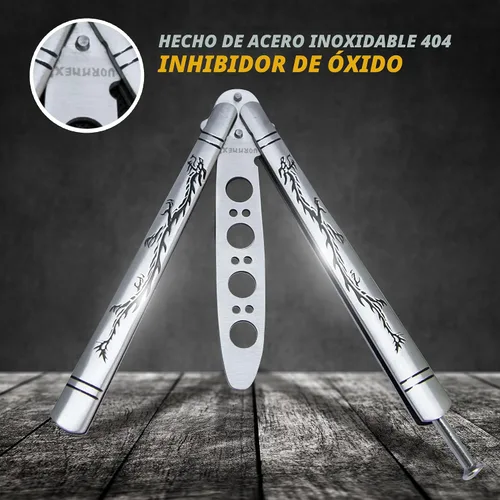 Miniatura 6 de Vornnex, cuchillo mariposa de práctica, hoja desafilada de acero inoxidable para entrenamiento, dragón negro (plateado)