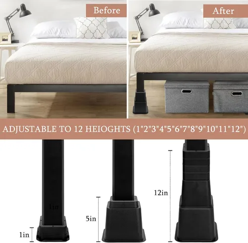 Miniatura 3 de 28 PCS Elevadores de Cama Ajustables de 12 Pulgadas Resistentes, Elevadores de Muebles con Elevación en Alturas de 1, 2, 3, 4, 5, 6, 7, 8, 9, 10