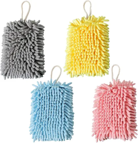 Miniatura 13 de Paquete de 2 toallas de mano colgantes de chenilla, toallas de mano de microfibra súper absorbentes, toallas de mano de felpa suave de secado rápido