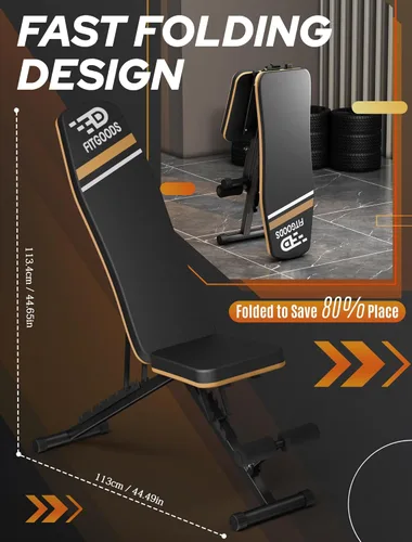 Miniatura 4 de FitGoods Banco de pesas plegable sin ensamblaje para gimnasio en casa, capacidad de 300 kg con inclinación y declinación, banco de abdominales