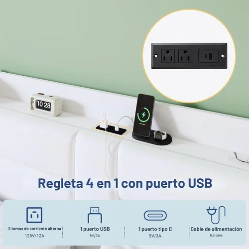 Miniatura 5 de Allewie Base de cama de plataforma tamaño Queen con estación de carga y cabecera de almacenamiento, diseño tapizado de terciopelo con respaldo