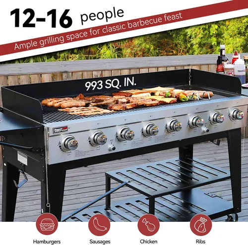 Miniatura 5 de Royal Gourmet Parrilla de gas de 8 quemadores, 104,000 BTU a propano líquido, sistemas duales controlados independientemente, para fiestas al aire