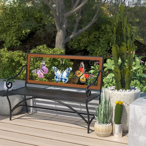 Miniatura 7 de Banco para exteriores de 39.7 pulgadas, banco de jardín, banco de patio con reposabrazos, asiento de listones y respaldo con patrón de mariposa