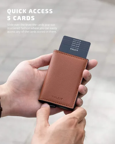 Miniatura 50 de VULKIT Tarjetero RFID Bloqueo de Cuero Automático Pop Up Cartera Aluminio Slim Pocket Tarjeta de Visita