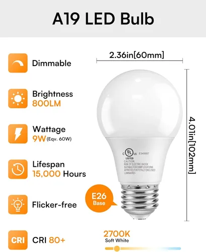 Miniatura 4 de TJOY Bombillas LED regulables A19, bombillas LED E26 equivalentes a 60 vatios, blanco suave cálido 2700K, base estándar de 800 lúmenes, bombillas
