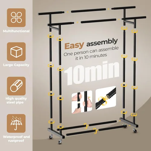 Miniatura 5 de Abiglifty Perchero de doble barra para colgar ropa, perchero con ruedas, organizador portátil de armario para lavandería, habitación (negro)