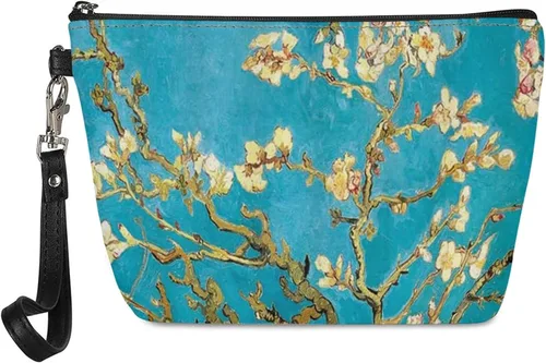 Miniatura 25 de Howilath Abstract Art Cat Cosmetic Pouch for Women PU Leather Toiletry Storage Bag Trapezoid Makeup Bags with Wrist Strap