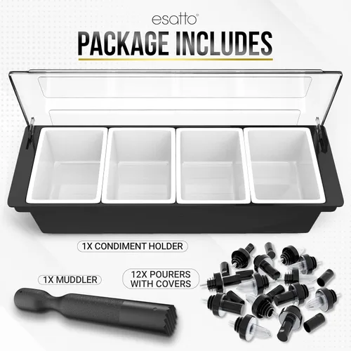 Miniatura 2 de Esatto Suministros para Bar Contenedores de condimentos con tapas 4-1.5 Pint Accesorios para carrito de bar Fruta para barman Bandeja de condimentos
