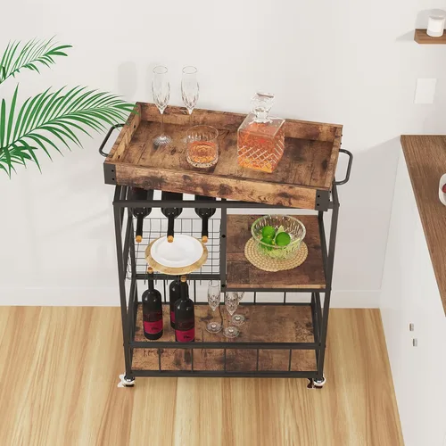 Miniatura 4 de Carro de bar con cesta de 3 niveles, carrito de vino móvil para el hogar con ruedas, carrito de servicio de cocina industrial estilo vintage