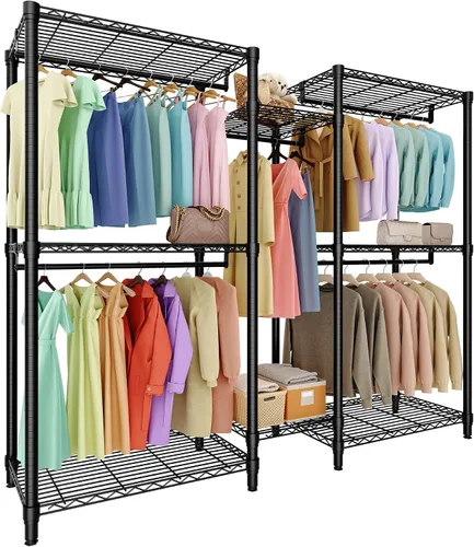 Miniatura 13 de Perchero de ropa resistente, perchero portátil de metal con estantes ajustables de 3 niveles, estantes de ropa independientes para colgar ropa