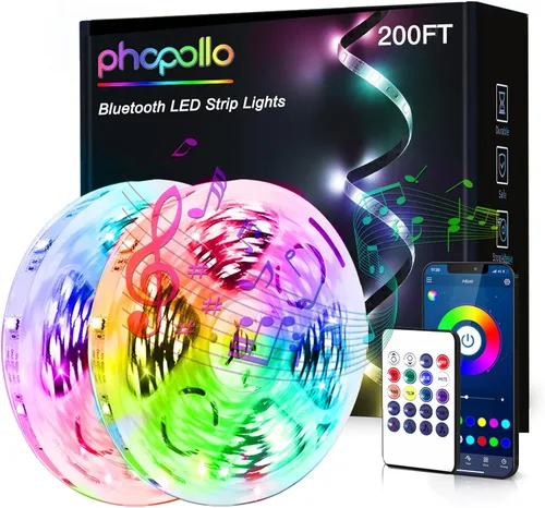 phopollo Tiras de luces LED Bluetooth de 24V, 200 pies (2 rollos de 100 pies), luces LED que cambian de color para dormitorio, decoración de cocina,