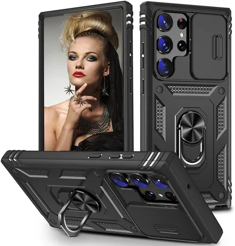 Miniatura 10 de Funda para Samsung Galaxy S22 Ultra 5G con ranura para tarjetero de cámara deslizante, grado militar, resistente, a prueba de golpes, funda de tres