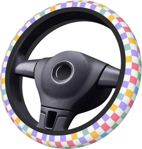 Miniatura 7 de Funda de volante a cuadros para mujeres, funda universal para volante de automóvil de 14-15 pulgadas, accesorios interiores para automóvil, con 2