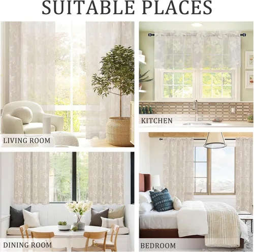 Miniatura 6 de DWCN Cortinas traslúcidas para cocina, bolsillo para barra de encaje floral beige, 52 x 36 pulgadas, 2 paneles Encaje Beige