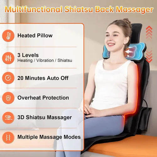 Miniatura 2 de Masajeador de espalda Shiatsu con calor, almohadilla para silla de masaje para espalda completa, masajeador de silla con soporte para el cuello