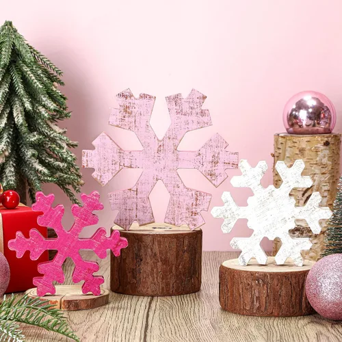 Miniatura 10 de Bucherry 3 Piezas Decoración de Copos de Nieve de Madera de Invierno Letreros de Mesa de Copos de Nieve de Invierno Rústicos Bloques de Madera