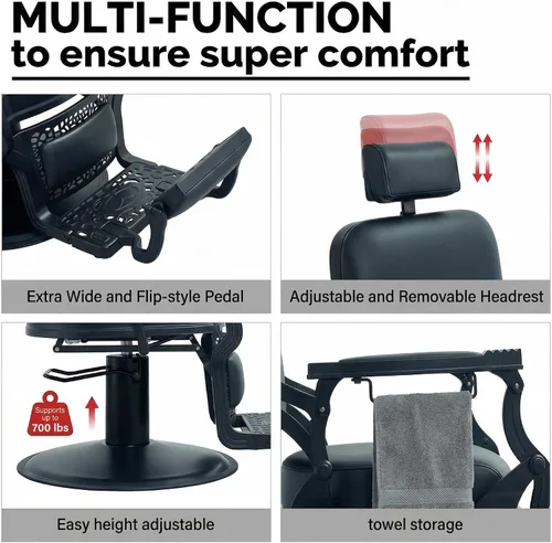 Miniatura 7 de Grace&Grace Silla de peluquería para peluquería, resistente 700 libras, silla reclinable para peluquería, estilista, tatuaje, hogar (negro y negro)