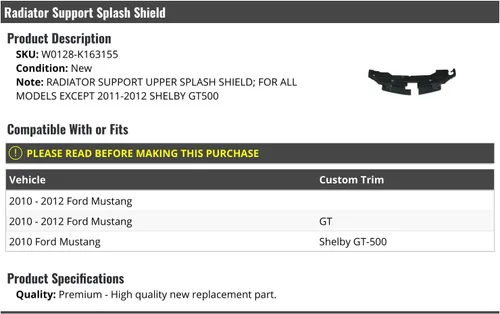 Marketplace Auto Parts Soporte superior para radiador – Compatible con Ford Mustang 2010-2012 (no incluye Shelby GT500)
