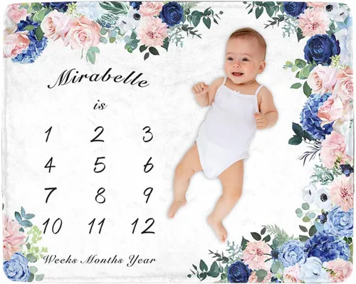 Miniatura 27 de Manta de hito para bebé personalizada con nombre, manta personalizada de flores en forma de mariposa con tabla de crecimiento calendario, manta