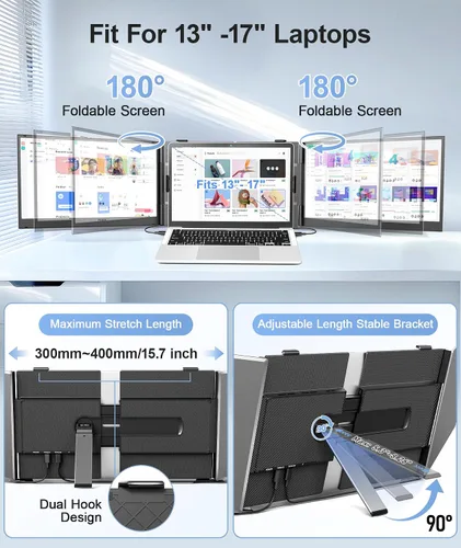 Miniatura 7 de Extensor de Pantalla para Laptop, Monitor Portátil Ultradelgado de 14" FHD 1080P para Laptop, Extensor de Triple Monitor Liviano de 2.2 libras