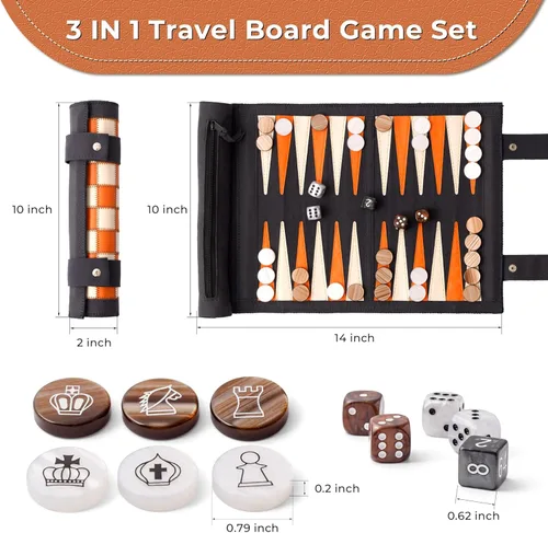 Miniatura 2 de Woodronic Juego de backgammon de ajedrez de viaje 3 en 1, juego de backgammon de cuero enrollable con 32 piezas texturizadas de perlas y 5 dados