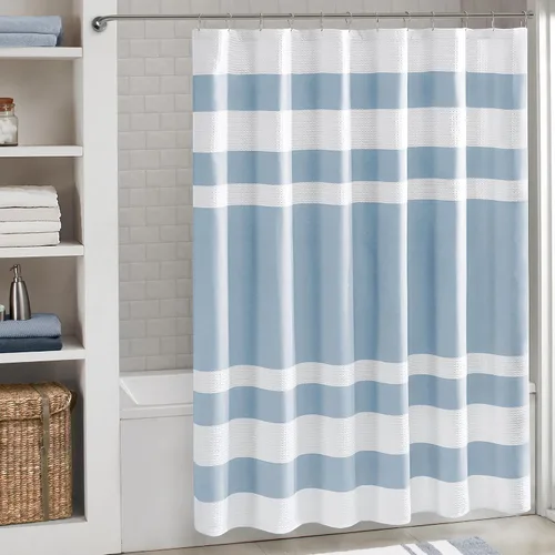 Miniatura 28 de Madison Park Cortina de ducha de tejido waffle con diseño a rayas en piezas, cortina de ducha de tela para baño con gestión de humedad 3M Rayas Taupe