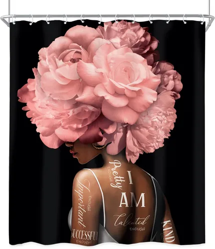 Miniatura 8 de Riyidecor Cortina de ducha afroamericana de 60 pulgadas de ancho x 72 pulgadas de alto, cortinas de ducha para niña y mujer, diseño floral