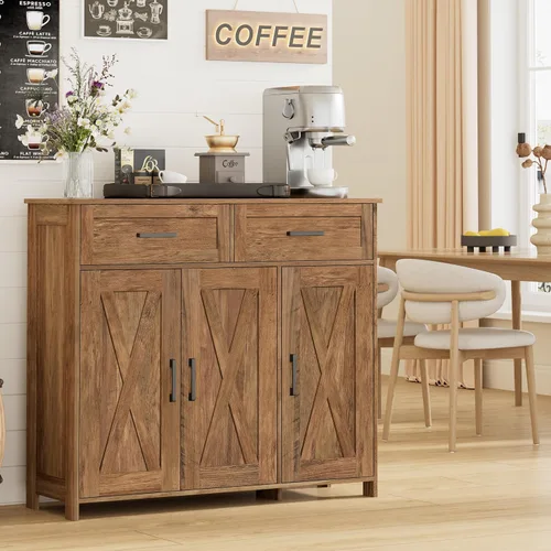 Miniatura 11 de Homhedy Aparador de buffet, gabinete de almacenamiento de barra de café con cajones y puertas, armario de cocina de granja con estantes ajustables