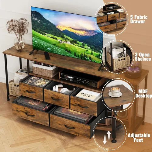 Miniatura 6 de Soporte de TV para televisores de hasta 75 pulgadas, mesa consola industrial de TV con 5 cajones de tela y 3 estantes abiertos, centro