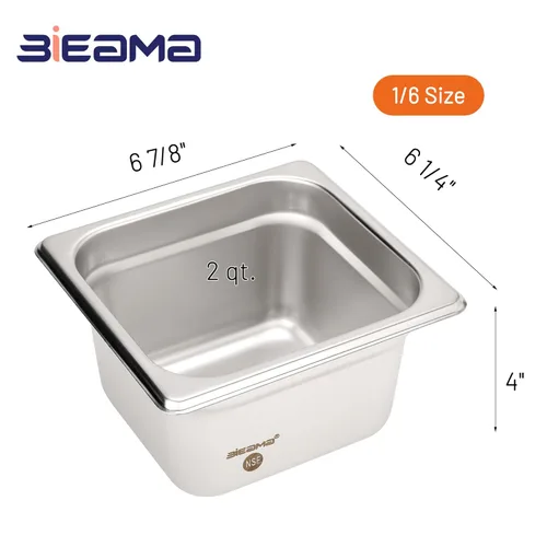 Miniatura 2 de BIEAMA Paquete de 6 bandejas de hotel, 1/6 tamaño 4" de profundidad, NSF, bandeja comercial de acero inoxidable, bandeja de mesa de vapor, bandeja