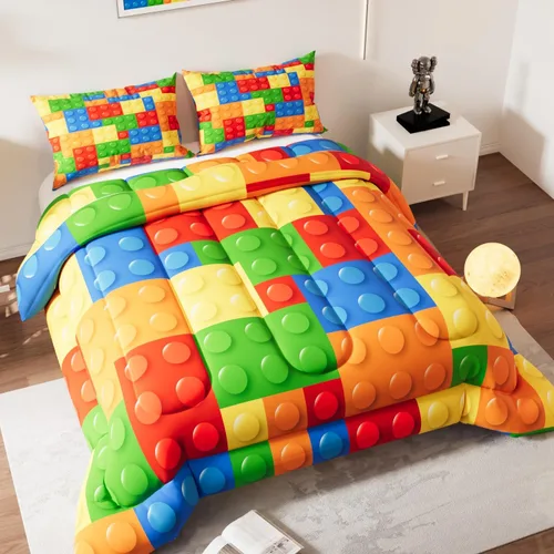 Miniatura 2 de Juego de edredón con diseño de bloques de construcción, tema colorido en patrón 3D para niños, adolescentes y adultos, juegos de edredón decorativos