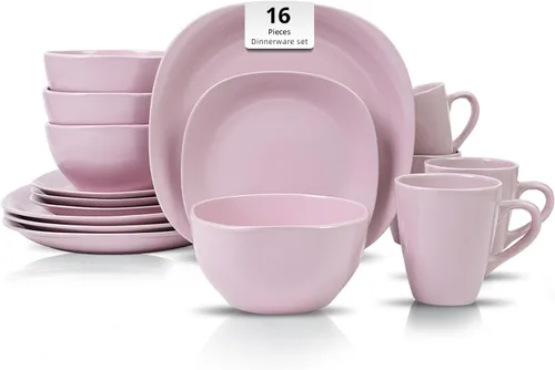 Miniatura 19 de juego de vajilla de cerámica de 16 piezas en forma cuadrada, interior rosa brillante + exterior negro mate