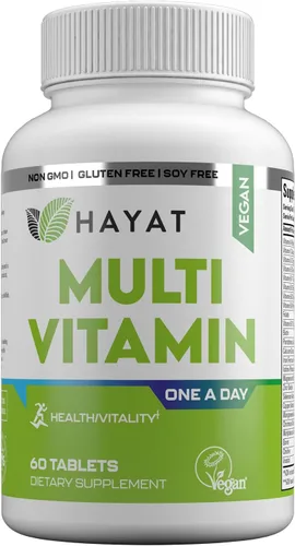 HAYAT Vitaminas veganas naturales multivitamínicas, vitaminas diarias con vitamina A, C, D, E, B1, B2, B3, B6, B12, biotina, zinc y más, suministro