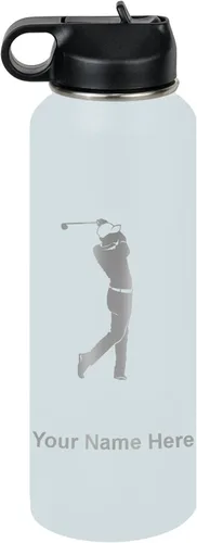Miniatura 15 de LaserGram Botella de agua personalizada, golfista de golf, acero inoxidable de doble pared aislada al vacío con popote superior, regalo grabado Negro