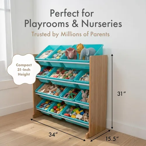 Miniatura 2 de Humble Crew Organizador de almacenamiento de juguetes para niños con 12 cubos de plástico, madera natural/aguamarina, contenedores extraíbles
