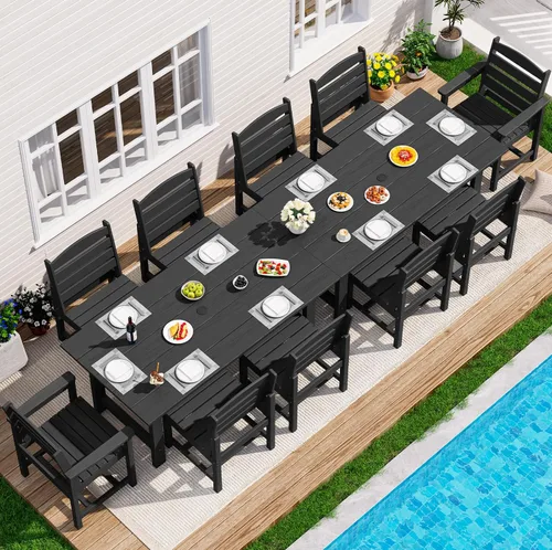 Miniatura 31 de SERWALL Juego de Mesa de Comedor de HDPE para Exteriores, Juego de 7 Piezas de Mesa de Comedor al Aire Libre con Mesa con Corte para Agujero de Gris