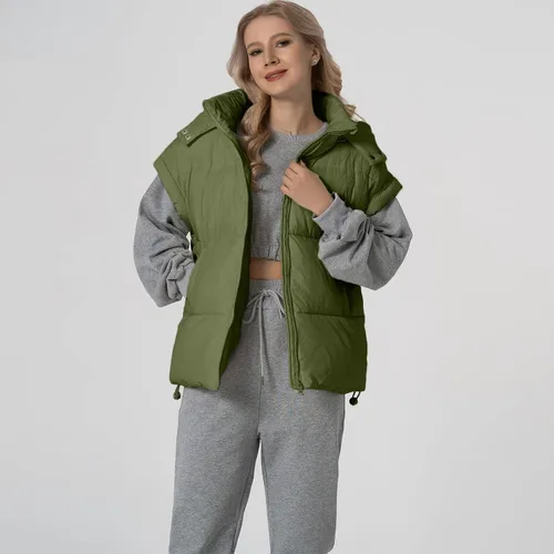 Miniatura 17 de Shiyifa Chaleco acolchado para mujer, chaqueta de gran tamaño, sin mangas, ligera, con cremallera, con capucha desmontable