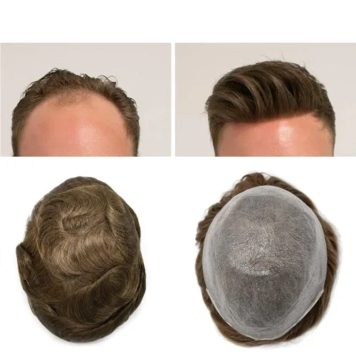 Miniatura 15 de Tupé para el cabello para hombres, 0.002 in, sistema de reemplazo de cabello de piel fina para hombres, piezas de cabello humano europeo, todas
