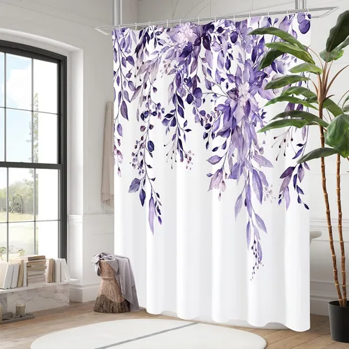 Miniatura 2 de Gibelle - Cortina de ducha de eucalipto morado, hojas de plantas de acuarela con diseño floral, juego de cortina de ducha con ganchos, 72 x 72