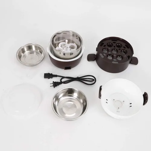 Miniatura 4 de Fiambrera eléctrica para arrocera, 3 capas, 2 L, calentador de alimentos de arroz portátil con estante para vapor, vaporizador de alimentos de acero