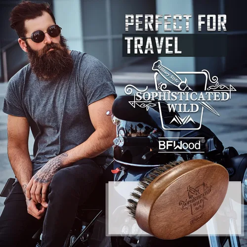 Miniatura 6 de BFWood Cepillo para barba de cerdas de jabalí, estilo militar de nogal de madera negra, cepillo de bigote de madera para hombre