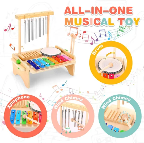 Miniatura 4 de Juego de batería para niños pequeños, juguetes de instrumentos musicales Montessori, juego de batería para niños pequeños, xilófono de madera